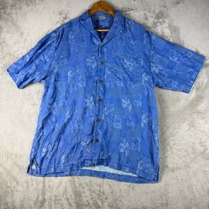 Tommy Bahama Silk Hawaiian Shirt Men's Large Blue Floral Button Up Tropical